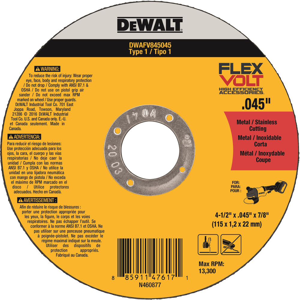 DeWalt 4-1/2" x .045" x 7/8" T1 Flexvolt® Metal Cutting Wheels Type 1
