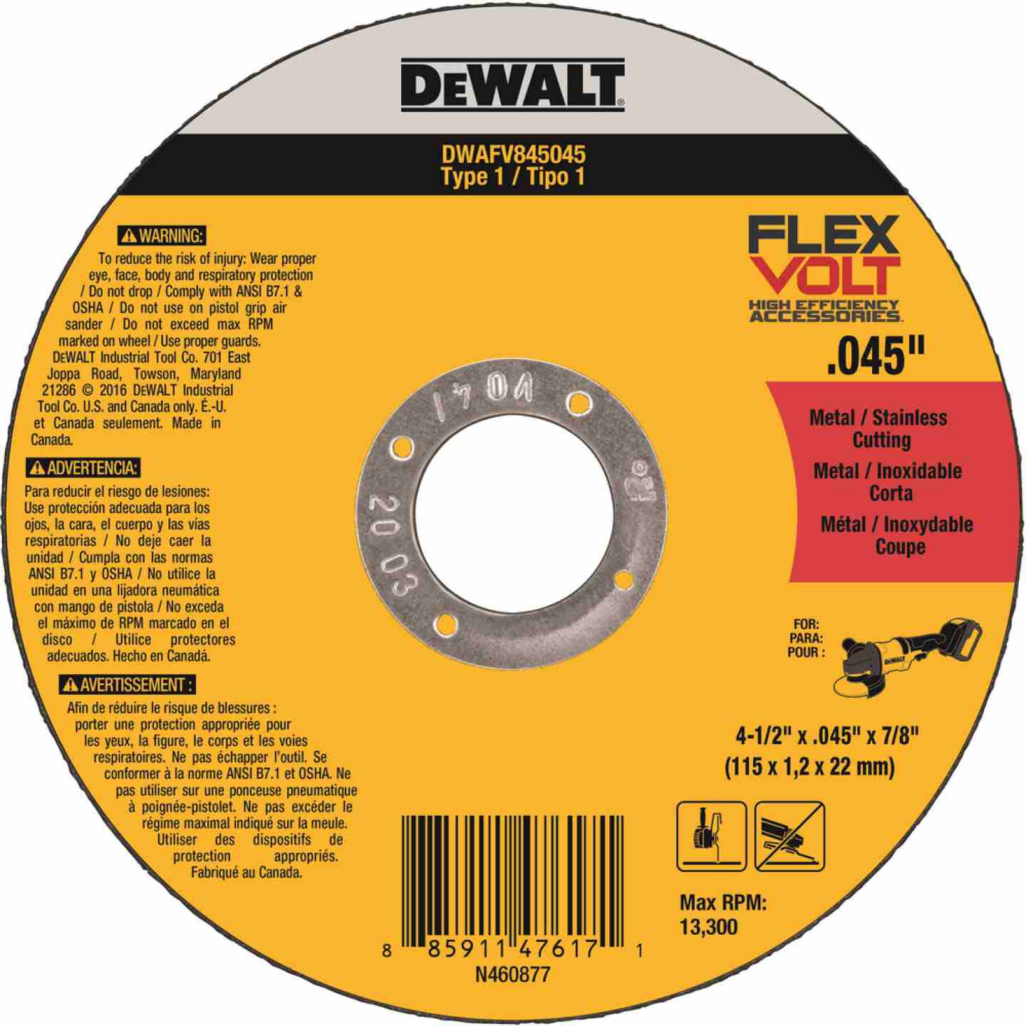 DeWalt 4-1/2" x .045" x 7/8" T1 Flexvolt® Metal Cutting Wheels Type 1 Image 1