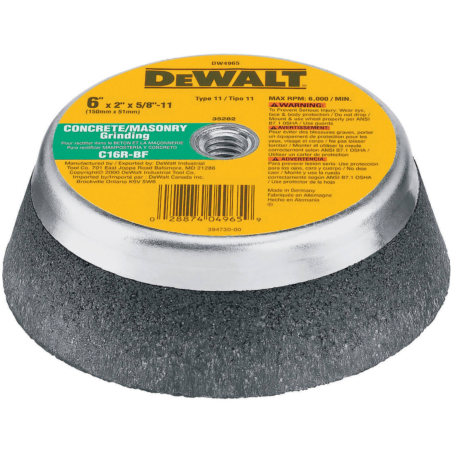 DeWalt 6" x 2" T11 HP Masonry Grinding Cup Wheel  Image 1