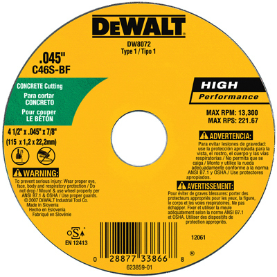 DeWalt 4-1/2" x .045" x 7/8" HPT1 Concrete Cutting Wheel  Image 1