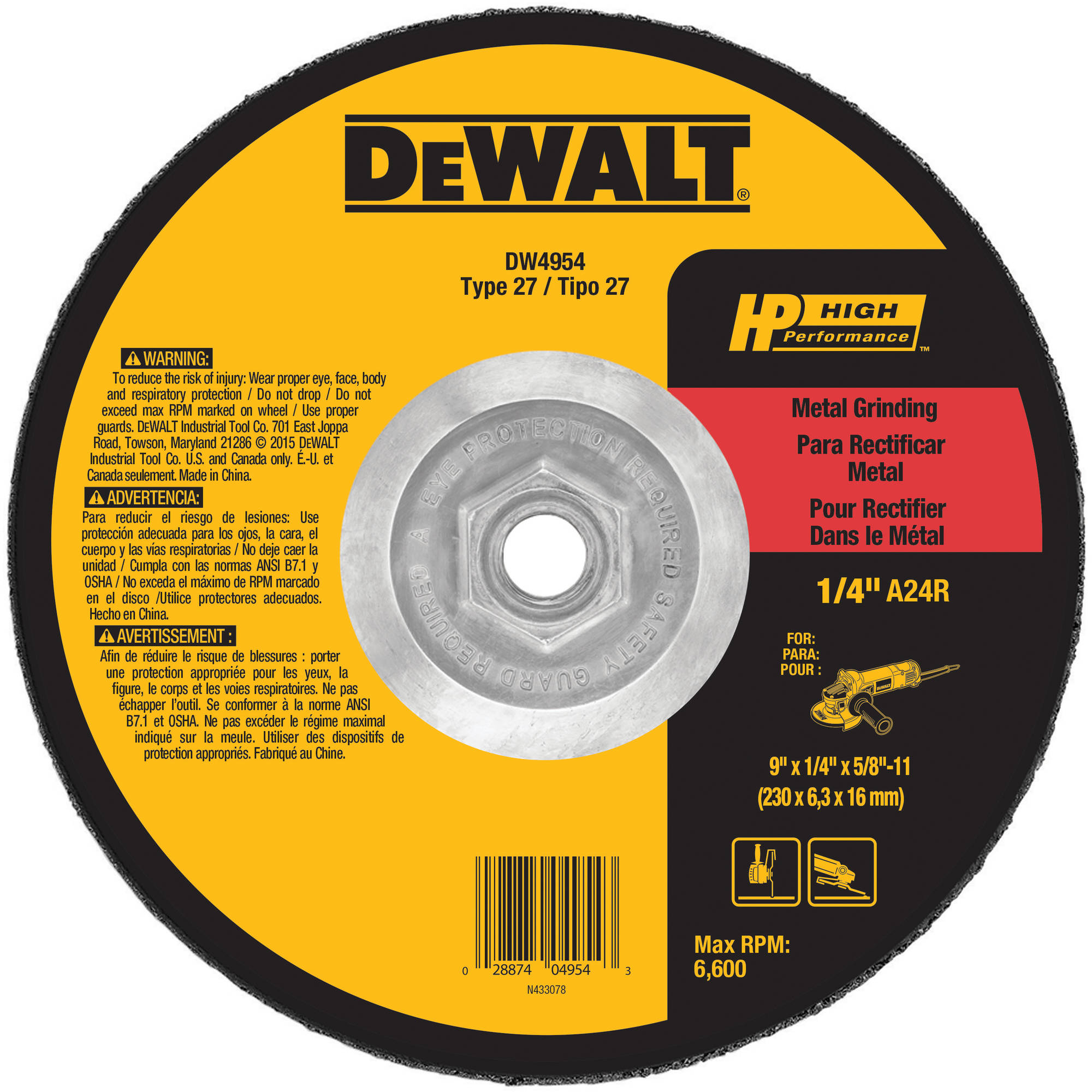 DeWalt 9" x 1/4" x 5/8"-11 High Performance Metal Grinding Wheel Image 1