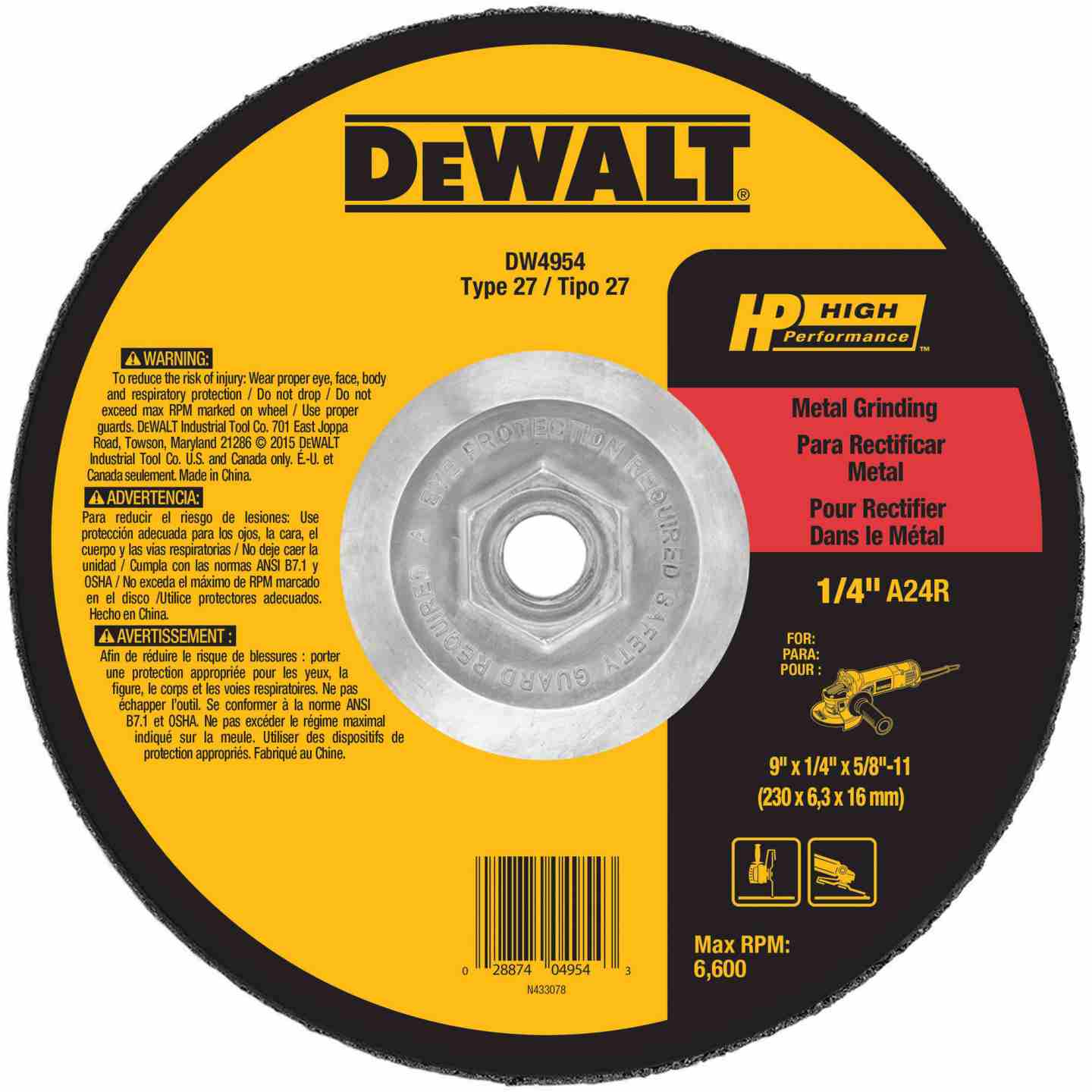 DeWalt 9" x 1/4" x 5/8"-11 High Performance Metal Grinding Wheel Image 1
