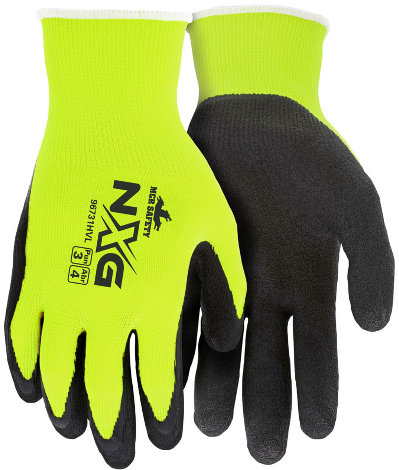 MCR Safety NXG ® Hi-Vis Work Gloves 13 Gauge Hi-Visibility Lime Nylon Polyester Shell Black Latex Foam Coated Palm and Fingertips, Large  Image 1