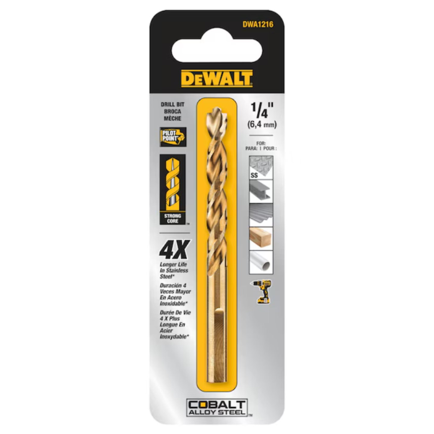 DeWalt 1/4" Pilot Point Cobalt Alloy Steel Drill Bits Image 1