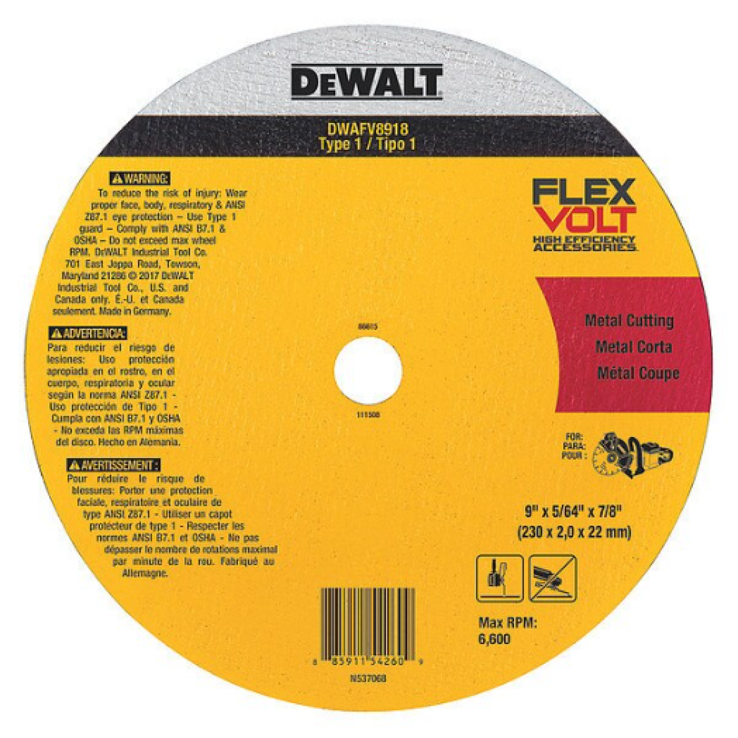 DeWalt FlexVolt 9"x5/64"x7/8" Ceramic Metal Cutoff Wheel, Type 1 Image 1