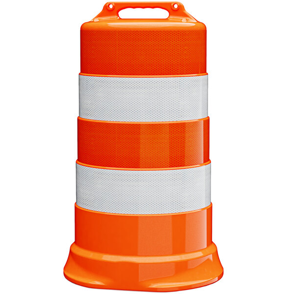 Plasticade Commander 23 1/2" x 39" Orange High Density Polyethylene Traffic Drum with (4) 6" Diamond Grade Sheeting Strips 