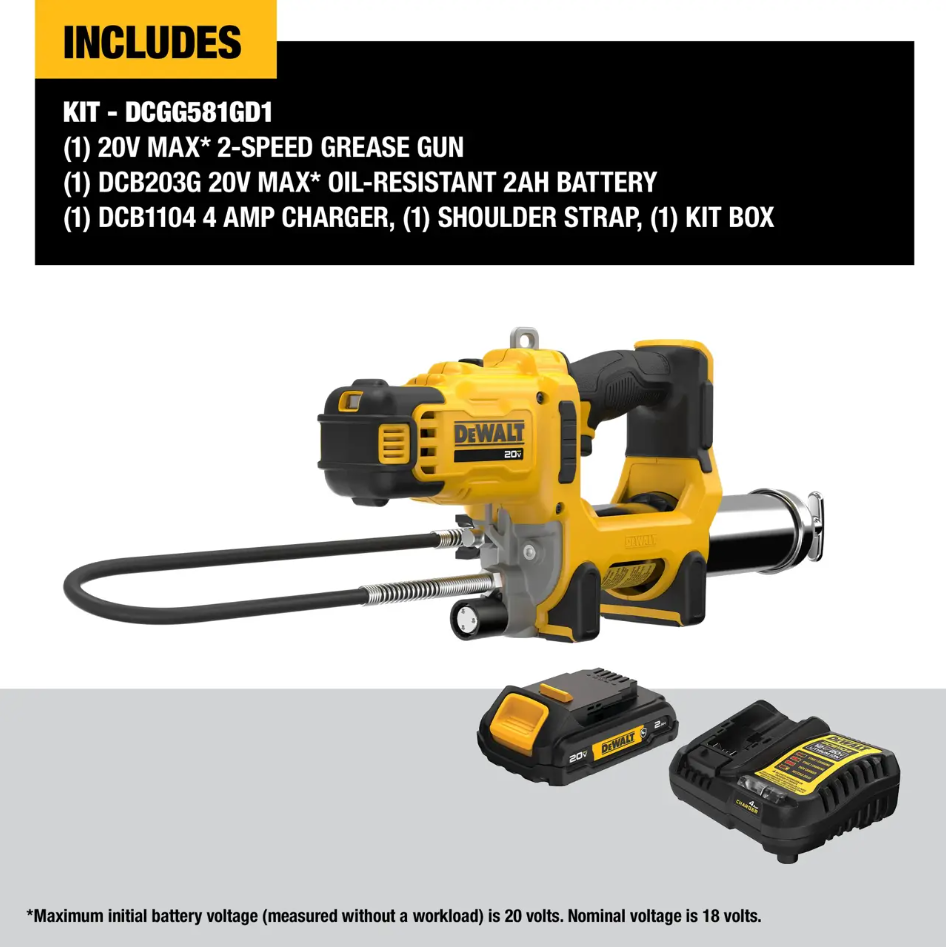 DeWalt 20V Max 2-Speed Grease Gun Kit W/ 2Ah Battery 