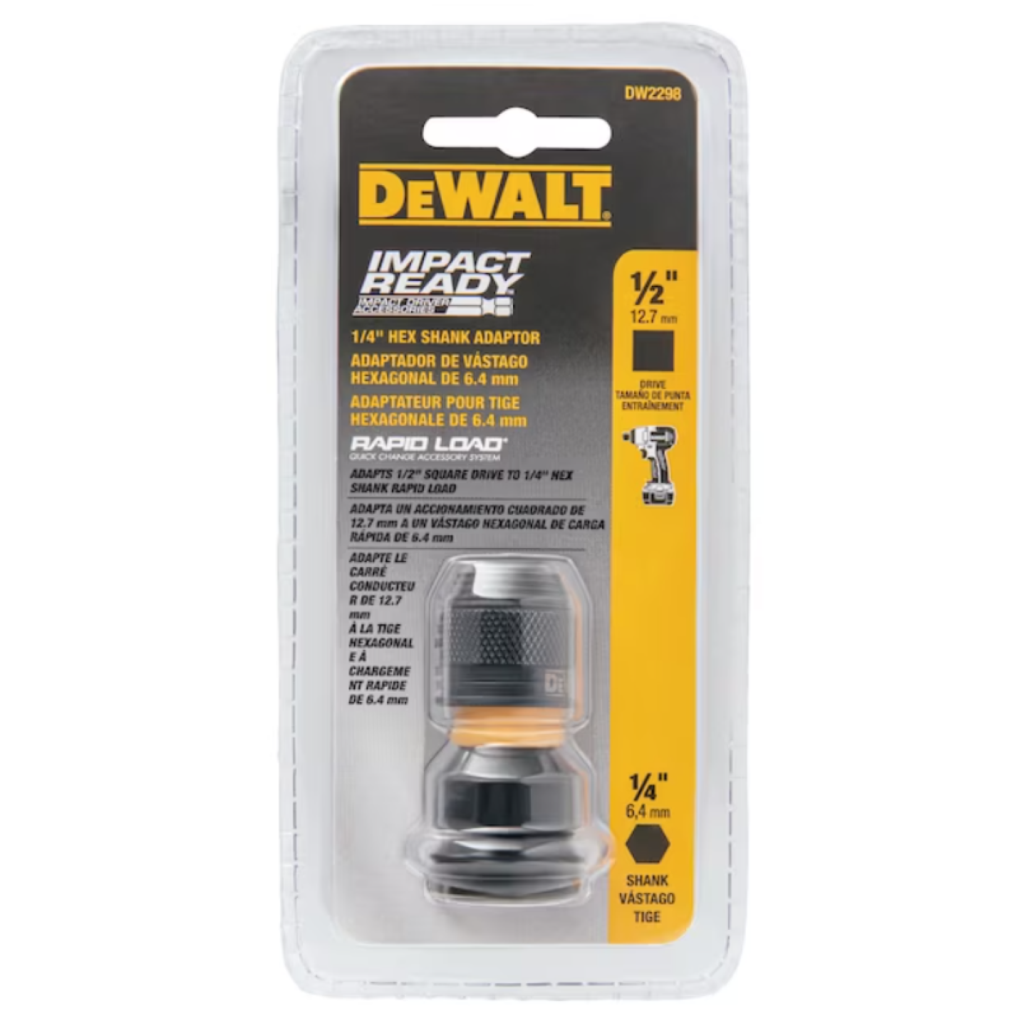 DeWalt 1/4" Hex Shank to 1/2" Square Drive Standard Socket Adaptor  Image 2