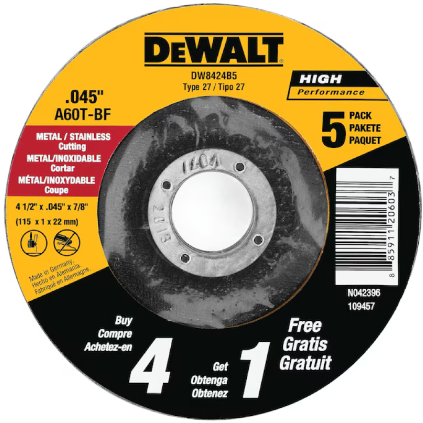 DeWalt 4-1/2" x .045" x 7/8" HPT1 Metal/Stainless Cutting Wheel Image 1
