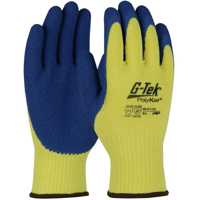 G-Tek 09-K1320 Seamless Knit PolyKor® Blended Gloves with Latex Coated Crinkle Grip on Palm & Fingers, Yellow, Class A3, Large 