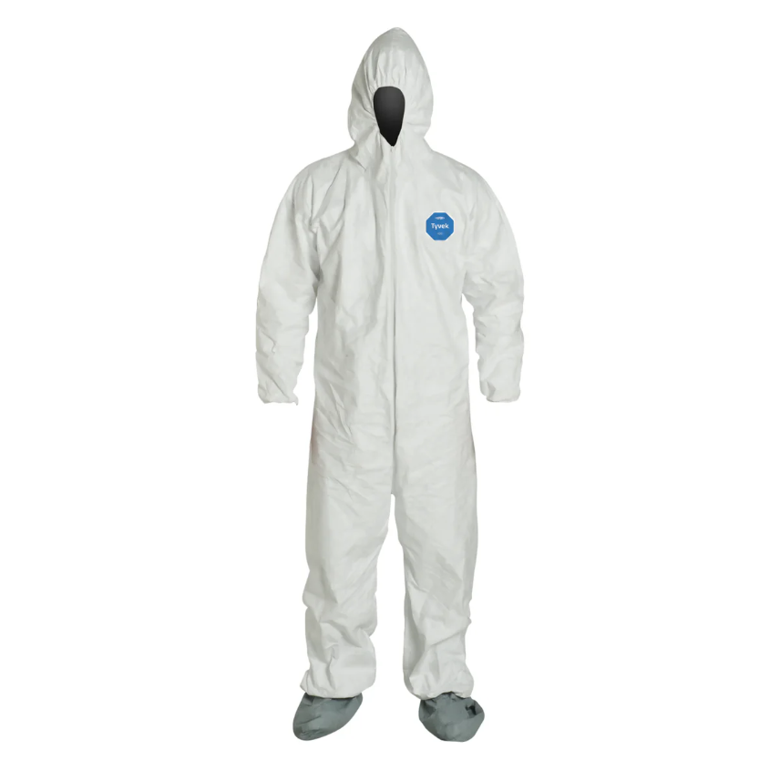 DuPont Tyvek 400 Coverall, Respirator Fit Hood with Elastic Wrists, Attached Skid-Resistant, Large 